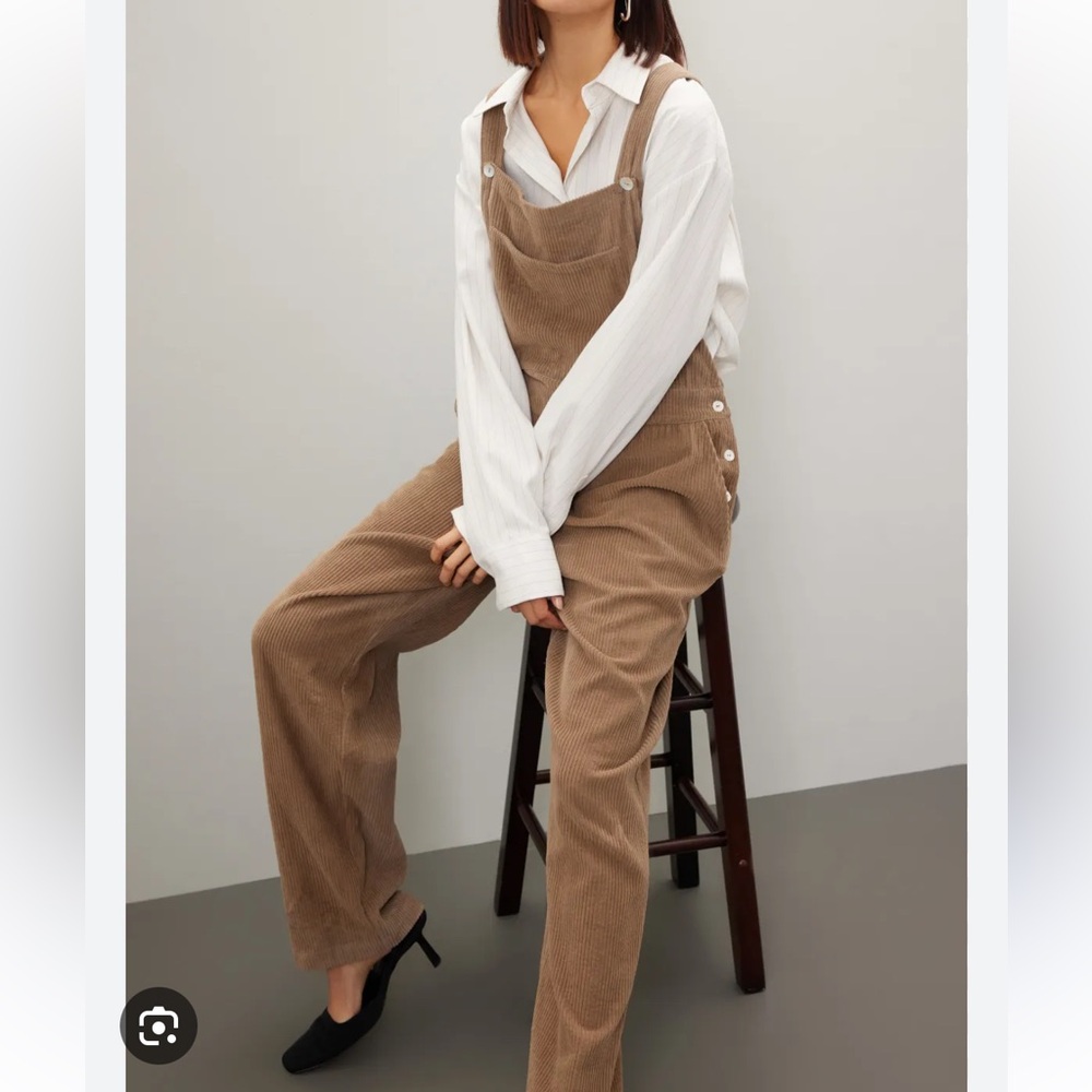DONNI. Brown Corduroy Overalls Jumpsuit with Cream Shirt